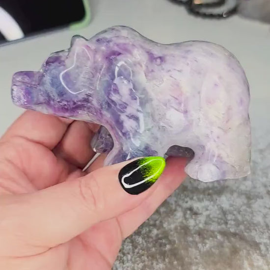 Hand Carved Rainbow Fluorite Grizzly Bear with Fish - 1.2 lb Crystal Totem Forest Animal Carving