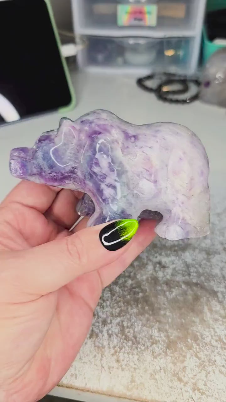 Hand Carved Rainbow Fluorite Grizzly Bear with Fish - 1.2 lb Crystal Totem Forest Animal Carving