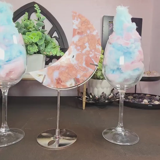 Pink & Blue Cotton Candy Agate Moon Carving - Large Chalcedony Crystal Crescent (6") + FREE Stand