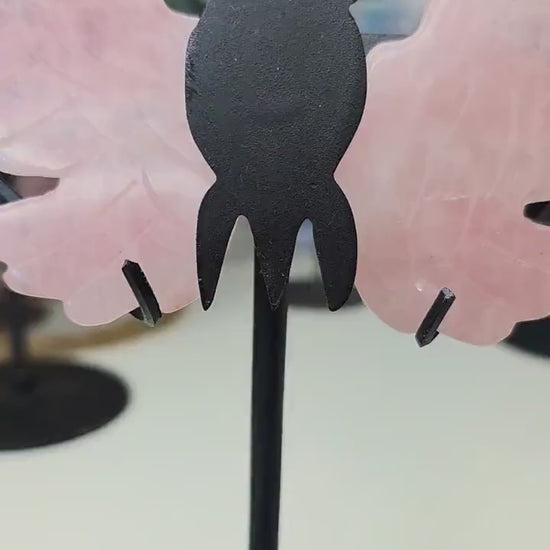 Rose Quartz Owl Wings on Custom Stand, Dark Feminine Crystal Decor, Ethereal Pink Stone Carving, Gift for Eclectic Soul