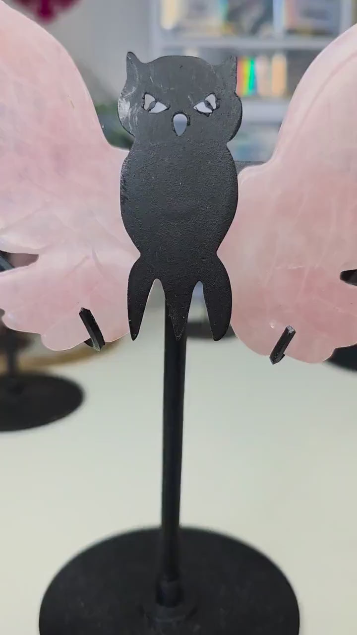 Rose Quartz Owl Wings on Custom Stand, Dark Feminine Crystal Decor, Ethereal Pink Stone Carving, Gift for Eclectic Soul