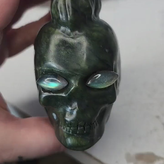 Large Serpentine Mohawk Skull with Labradorite Eyes | 3.5" Green Jade Crystal Carving | Punk Rock Gothic Decor | 14.5oz Unique Oddity