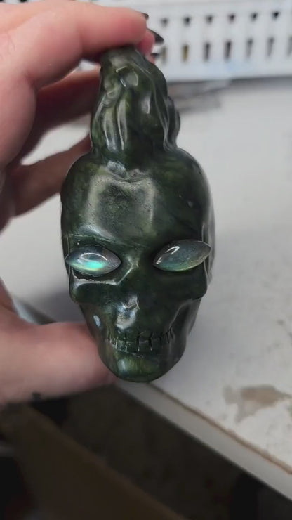 Large Serpentine Mohawk Skull with Labradorite Eyes | 3.5" Green Jade Crystal Carving | Punk Rock Gothic Decor | 14.5oz Unique Oddity
