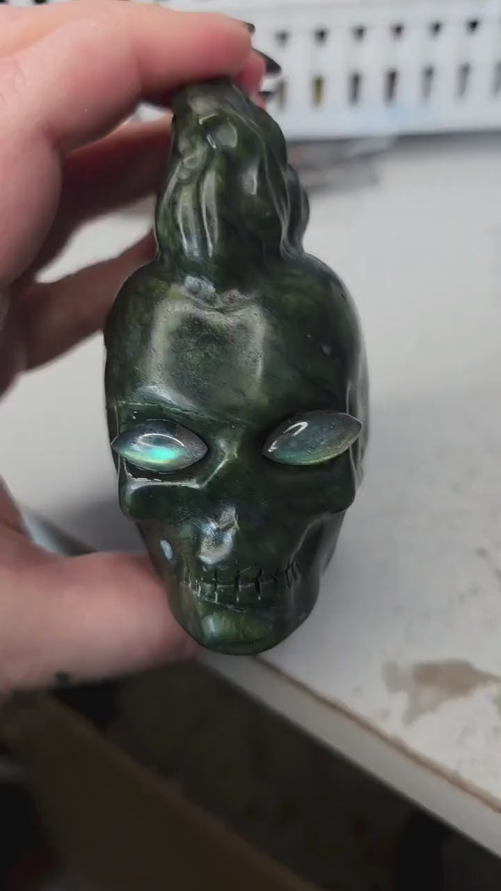Large Serpentine Mohawk Skull with Labradorite Eyes | 3.5" Green Jade Crystal Carving | Punk Rock Gothic Decor | 14.5oz Unique Oddity