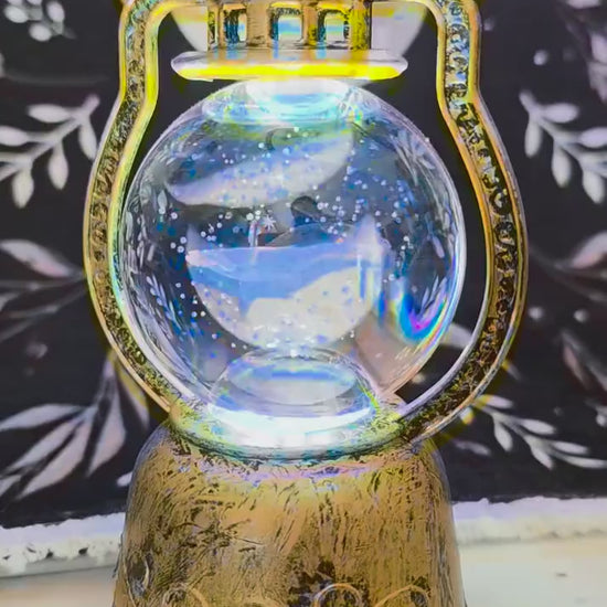 Rotating Whale Crystal Ball in Vintage Bronze Lantern | Lighted Spinning Sphere Holder | Nautical USB Night Light | 3D Whale Glass Sphere