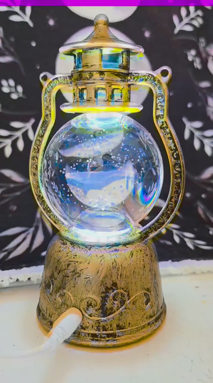 Rotating Whale Crystal Ball in Vintage Bronze Lantern | Lighted Spinning Sphere Holder | Nautical USB Night Light | 3D Whale Glass Sphere