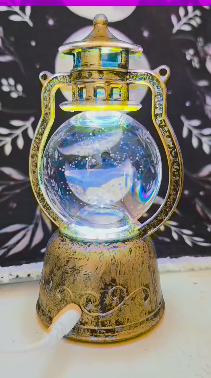 Rotating Whale Crystal Ball in Vintage Bronze Lantern | Lighted Spinning Sphere Holder | Nautical USB Night Light | 3D Whale Glass Sphere