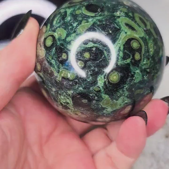 Kambaba Jasper Sphere with Wood Stand - Collector Grade Crystal Orb - Green and Black Crocodile Jasper
