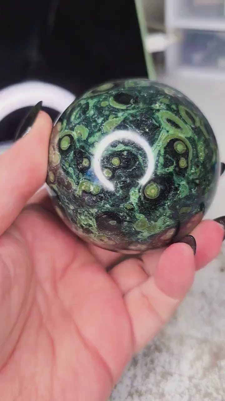 Kambaba Jasper Sphere with Wood Stand - Collector Grade Crystal Orb - Green and Black Crocodile Jasper