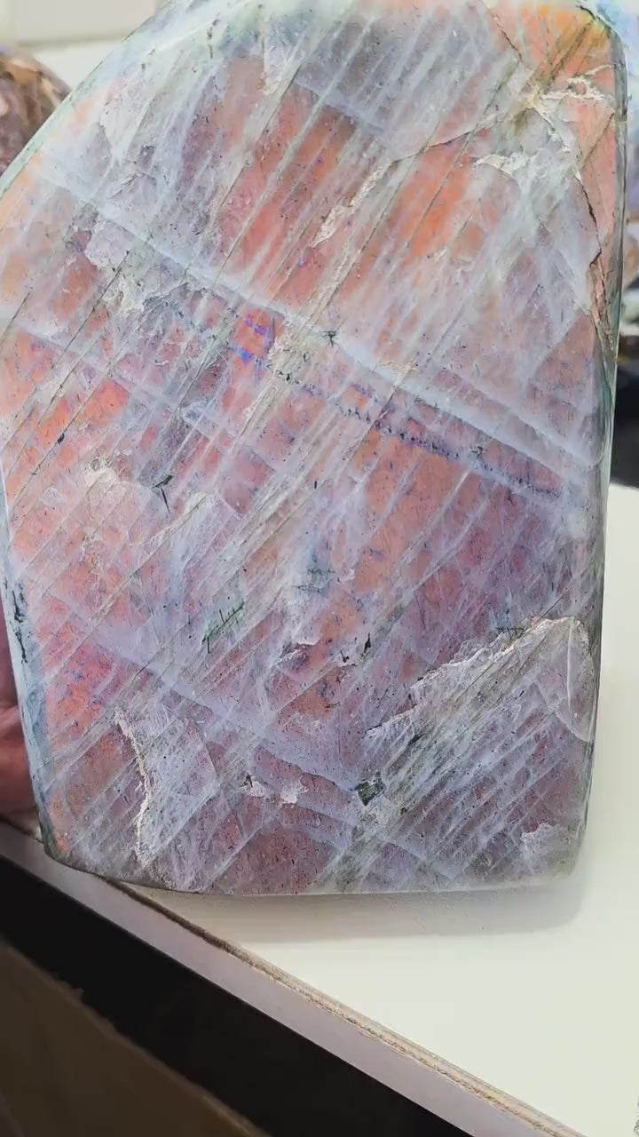 Huge 7.9lb Sunset Labradorite Freeform | Rare Orange & Pink Flash Statement Piece | 7" Polished Crystal Slab | High-End Mineral Specimen