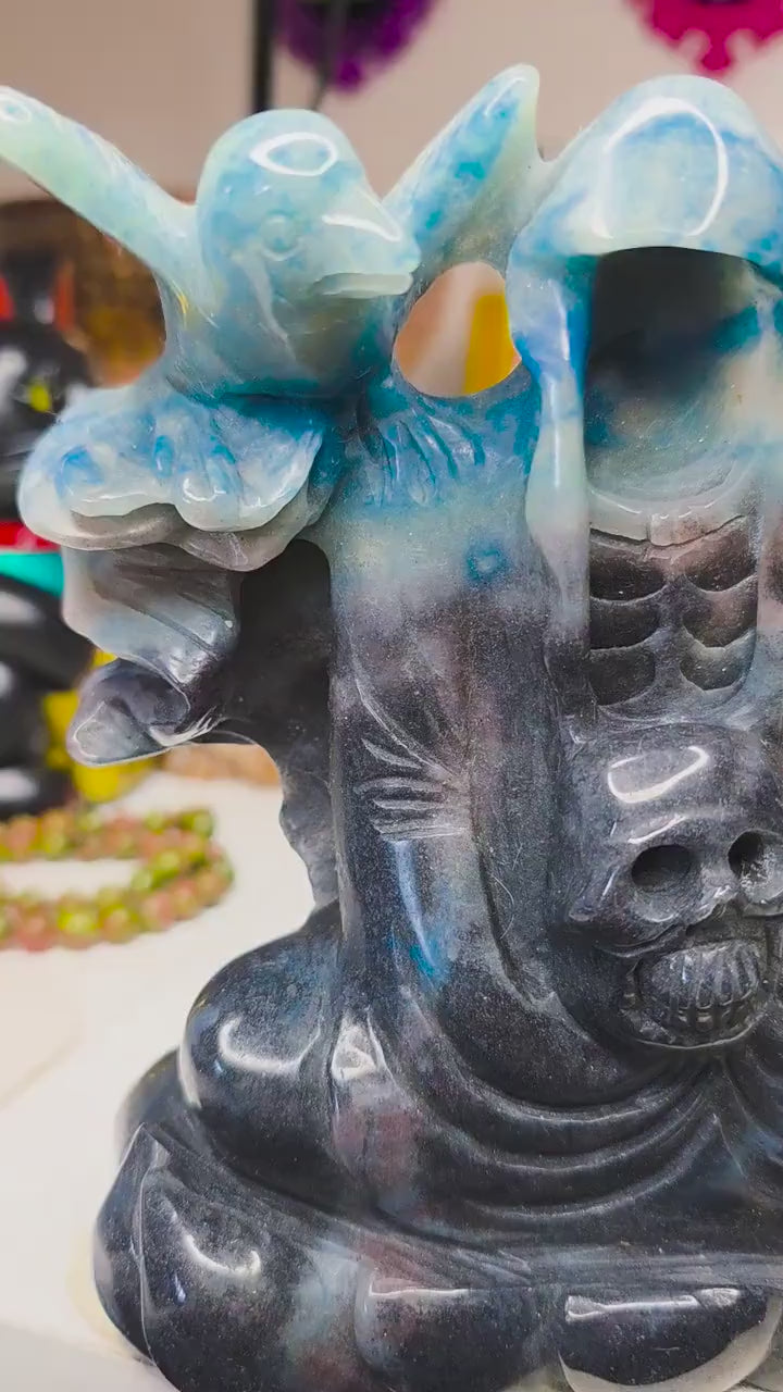 Large 3.7lb Troilite Carving | Hand Carved Grim Reaper & Skulls Sculpture | 8.5" Rare Mineral Specimen | Spooky Gothic Decor Statement Piece