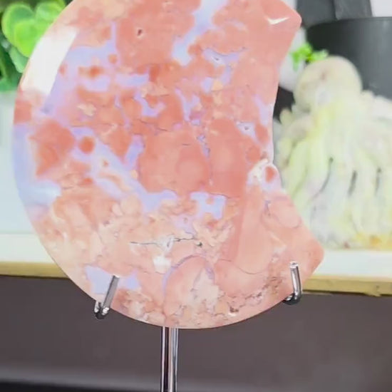Rare Pink Cotton Agate Moon - Carved Crystal Moon - 3 Inch - Free Celestial Stand - Chalcedony