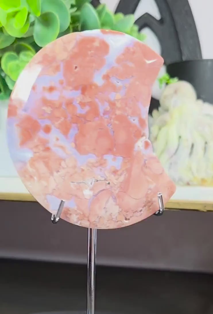 Rare Pink Cotton Agate Moon - Carved Crystal Moon - 3 Inch - Free Celestial Stand - Chalcedony