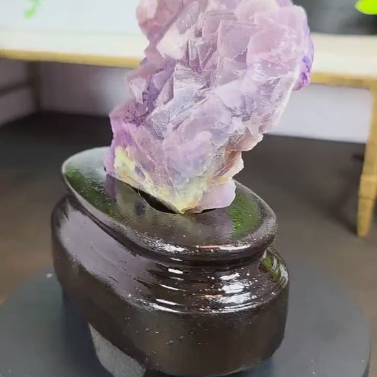 Purple Fluorite Specimen with Cube Formations - Custom Wooden Stand - Natural Crystal Decor - 381 grams