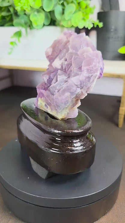 Purple Fluorite Specimen with Cube Formations - Custom Wooden Stand - Natural Crystal Decor - 381 grams