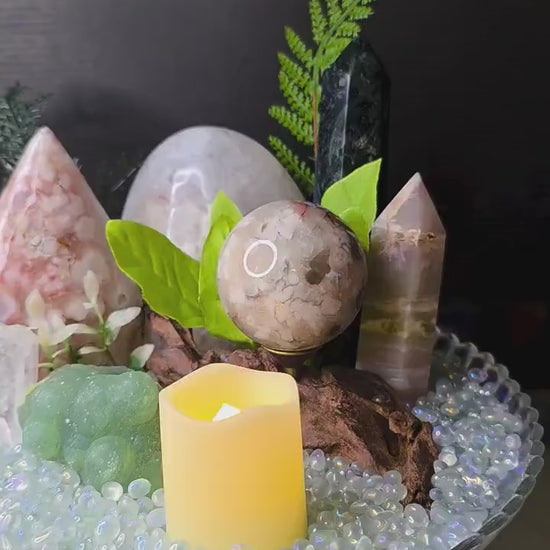 Crystal Garden Kit on Iridescent Pedestal, DIY Altar Sanctuary, Flower Agate Sphere & Rainbow Clear Quartz, Large Aesthetic Collection Gift