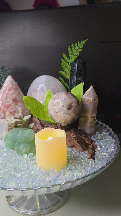 Crystal Garden Kit on Iridescent Pedestal, DIY Altar Sanctuary, Flower Agate Sphere & Rainbow Clear Quartz, Large Aesthetic Collection Gift
