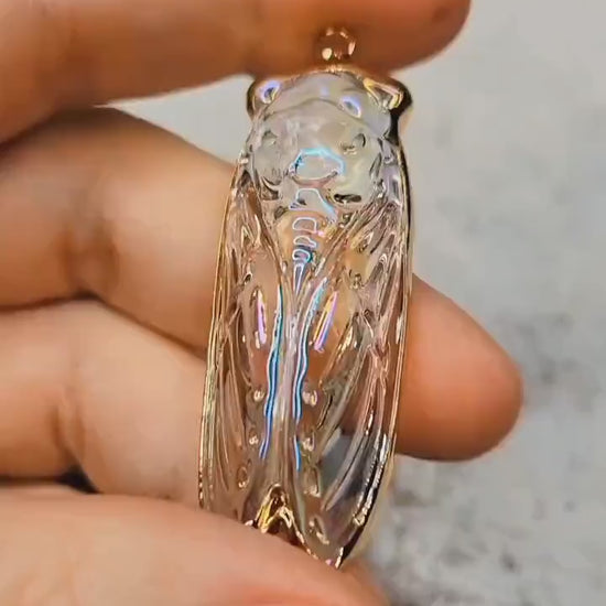 Iridescent Glass Cicada Necklace | Gold Color Electroplated Pendant | Unique Nature Lover Gift