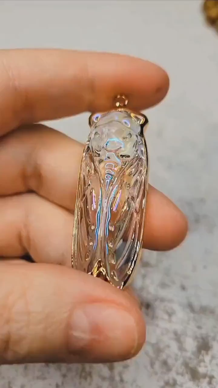 Iridescent Glass Cicada Necklace | Gold Color Electroplated Pendant | Unique Nature Lover Gift