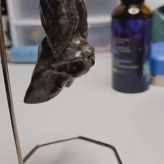 Hanging Bat Crystal Carving | Gothic Decor | UV Reactive Yooperlite Halloween Figure