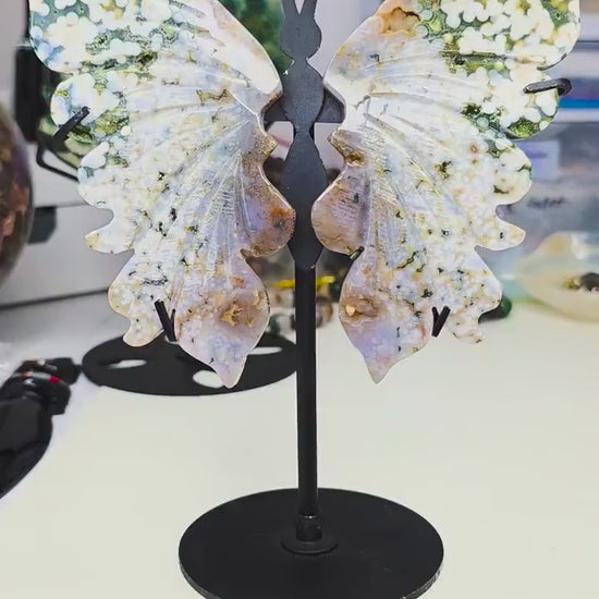 High-Quality Ocean Jasper Butterfly Wings with Orbicular Patterns - Custom Stand Included - 6.5 inches
