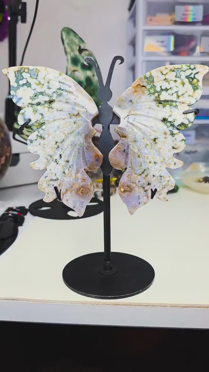 High-Quality Ocean Jasper Butterfly Wings with Orbicular Patterns - Custom Stand Included - 6.5 inches