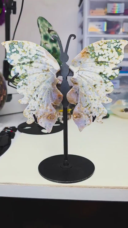 High-Quality Ocean Jasper Butterfly Wings with Orbicular Patterns - Custom Stand Included - 6.5 inches