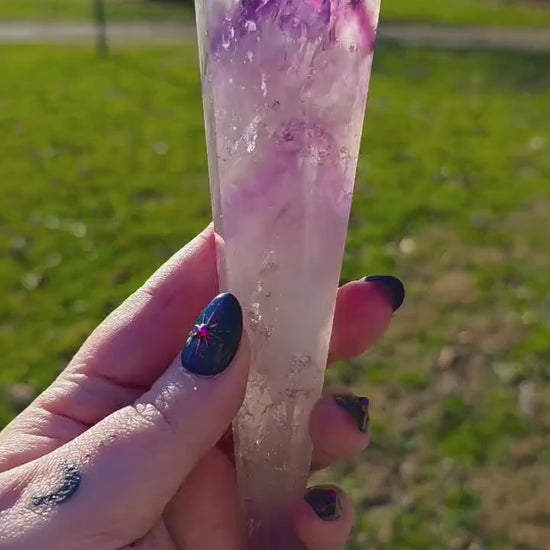 High Quality Phantom Amethyst & Quartz Crystal Wand with Rainbows | 5" - 7" Faceted Altar Tool | Free Stand Included