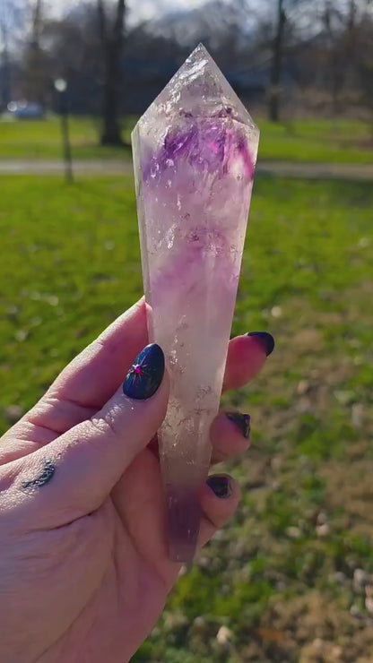High Quality Phantom Amethyst & Quartz Crystal Wand with Rainbows | 5" - 7" Faceted Altar Tool | Free Stand Included