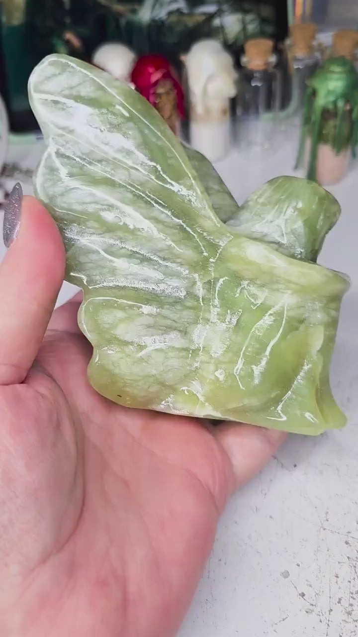 Large Serpentine Fairy Carving | Green Jade Crystal Figure | 3.75" Healing Gemstone Decor