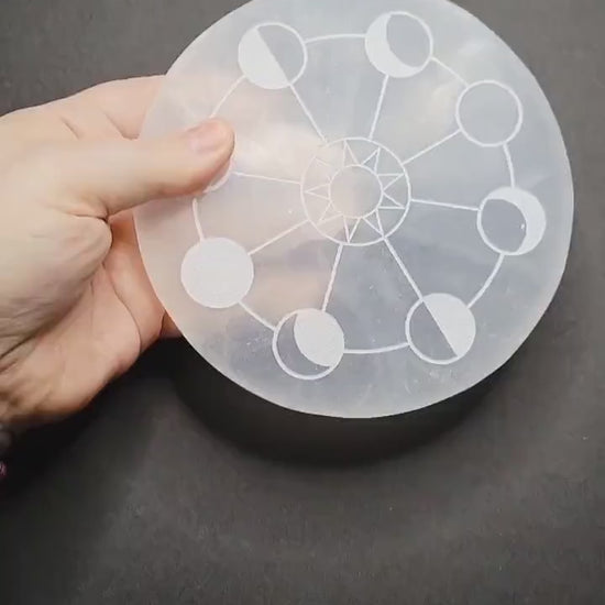 Selenite Charging Plate with Moon Phases | Crystal Charging Tray | Home Decor