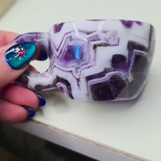 Chevron Amethyst Mini Cup | Decorative Hand Carved Amethyst Mug for Altar | Third Eye Healing Stone Carving | Intuition & Peace Crystal Gift