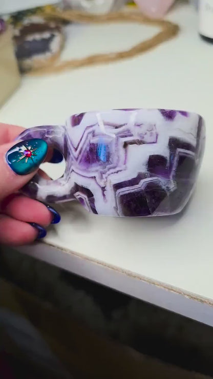 Chevron Amethyst Mini Cup | Decorative Hand Carved Amethyst Mug for Altar | Third Eye Healing Stone Carving | Intuition & Peace Crystal Gift