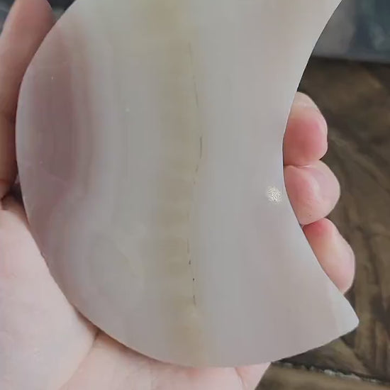 Pink Banded Calcite Crystal Moon: Carved Celestial Decor