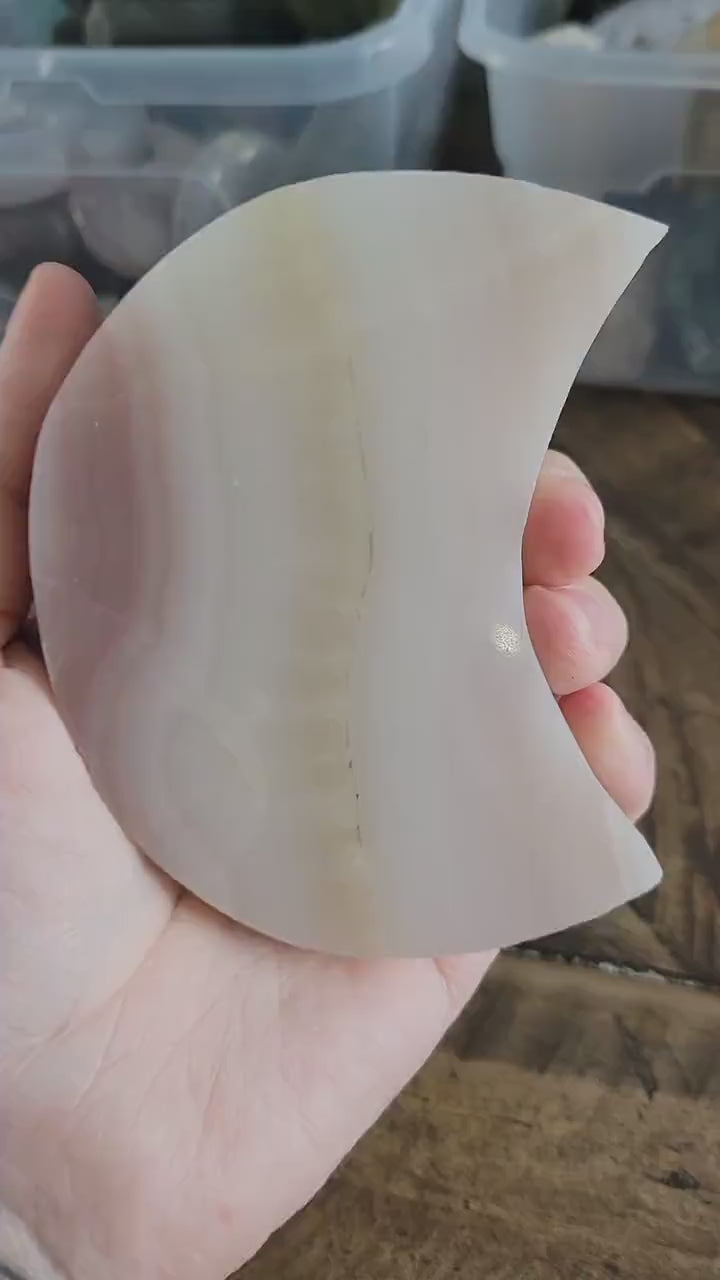 Pink Banded Calcite Crystal Moon: Carved Celestial Decor