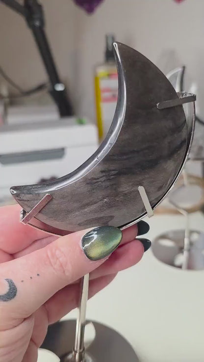 Silver Sheen Obsidian Moon with Silver Metal Stand, Black Crescent Moon Carving, Celestial Home Decor, Flashy Volcanic Glass, Witchy Gift