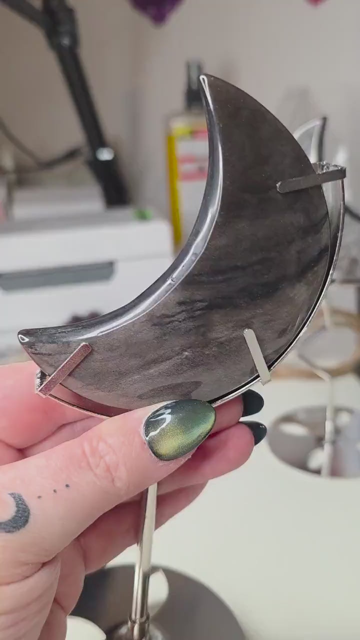 Silver Sheen Obsidian Moon with Silver Metal Stand, Black Crescent Moon Carving, Celestial Home Decor, Flashy Volcanic Glass, Witchy Gift