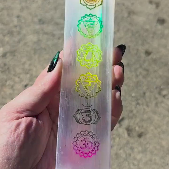8" Selenite Chakra Charging Plate - Engraved Rainbow Satin Spar Slab | Crystal Charging Tray | Home Decor