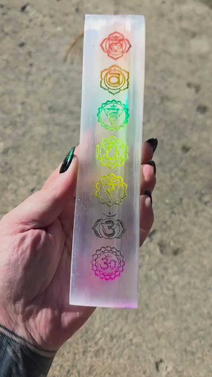 8" Selenite Chakra Charging Plate - Engraved Rainbow Satin Spar Slab | Crystal Charging Tray | Home Decor