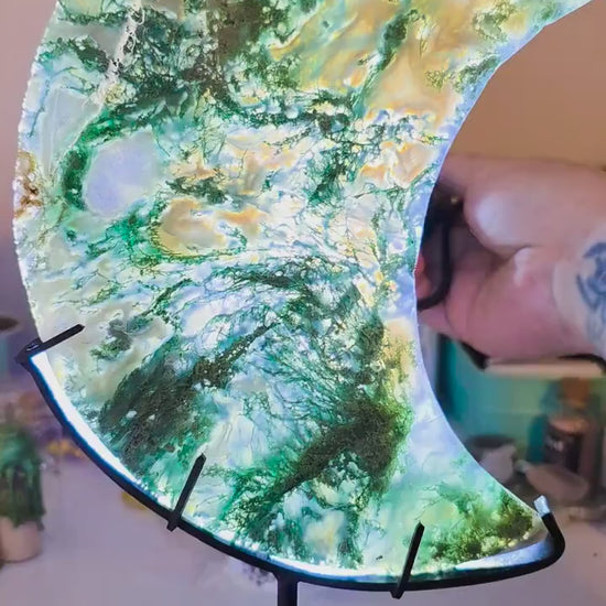 Large Moss Agate Crystal Moon with Custom Stand | 8" Translucent Crescent Carving | High-Quality Metaphysical Decor
