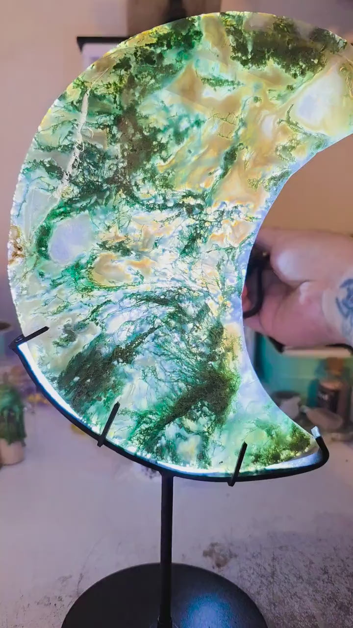 Large Moss Agate Crystal Moon with Custom Stand | 8" Translucent Crescent Carving | High-Quality Metaphysical Decor
