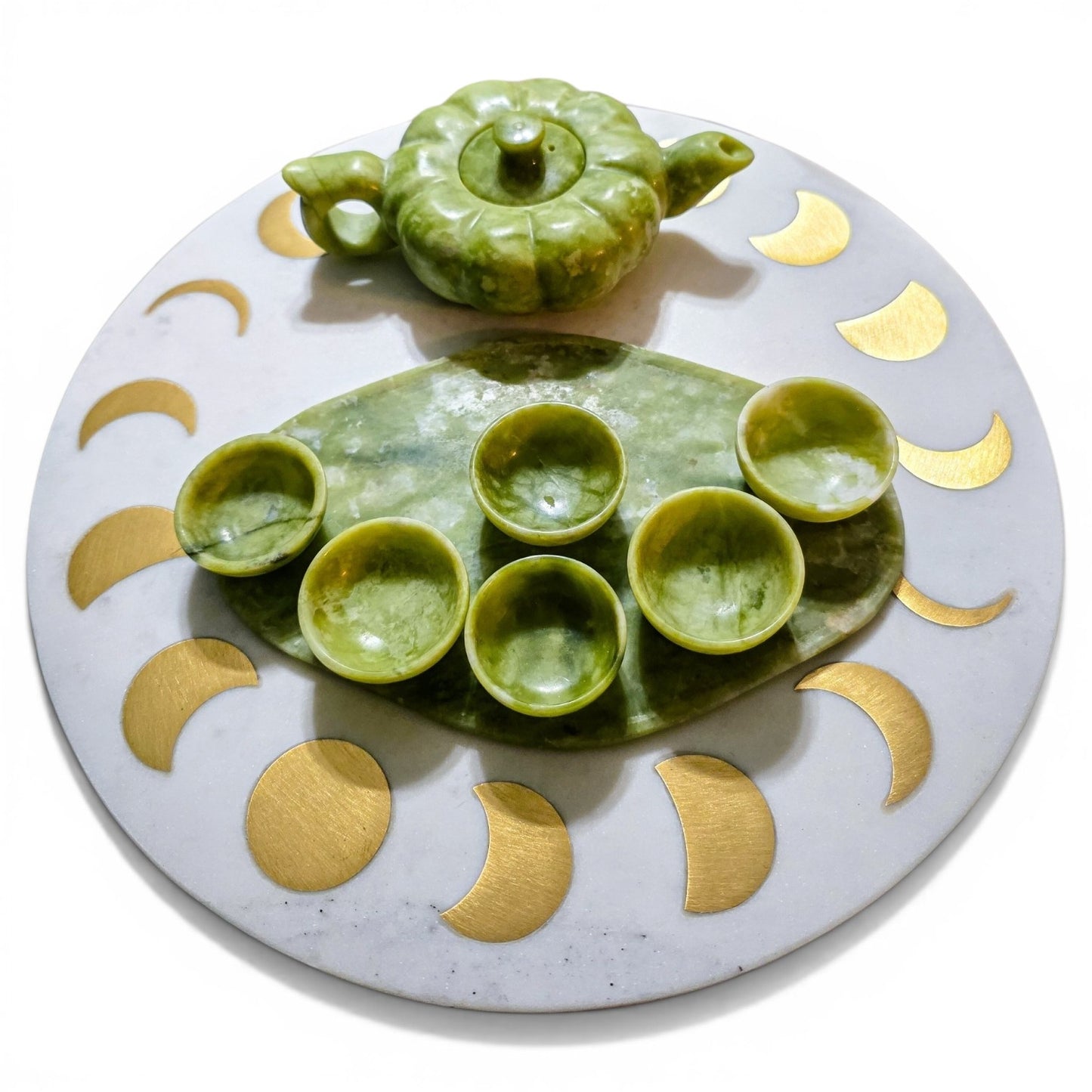Serpentine Green Jade Crystal Carved Tea Set