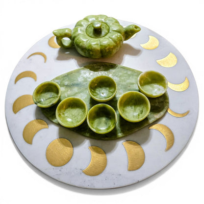 Serpentine Green Jade Crystal Carved Tea Set