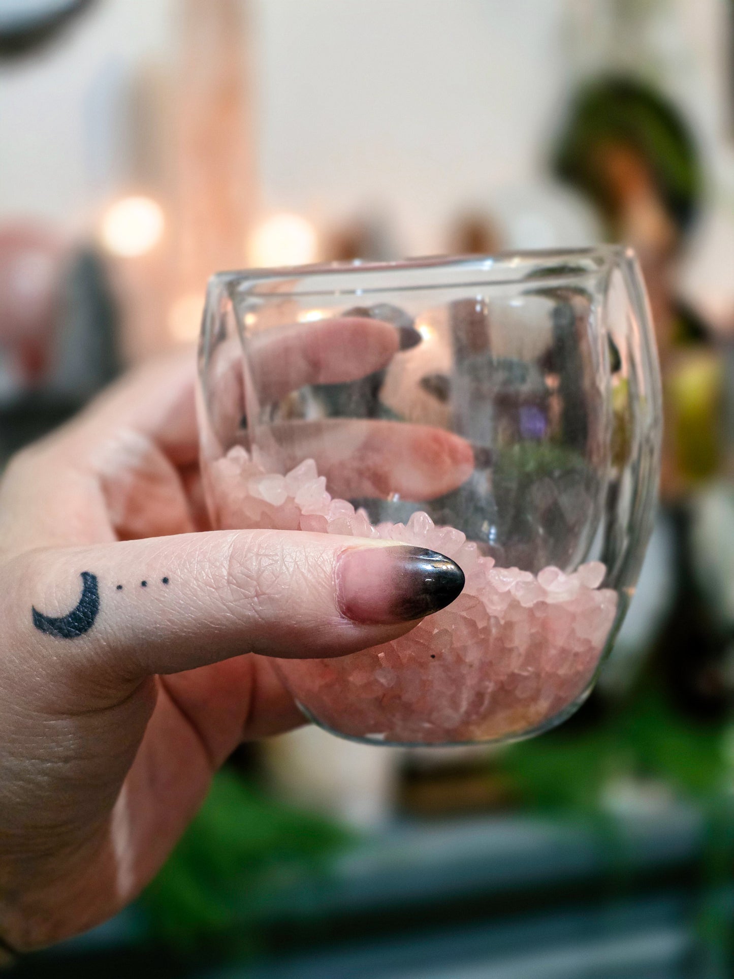 Rose Quartz Crystal Infused Double Walled Glass Tumbler Cup | Pastel Goth Aesthetic Drinkware