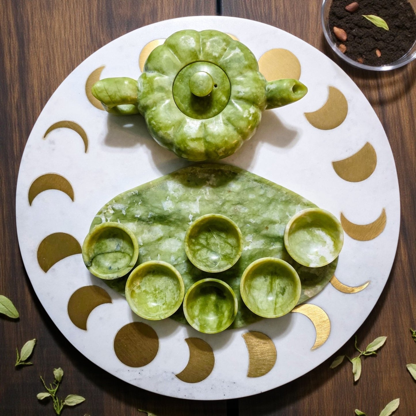 Serpentine Green Jade Crystal Carved Tea Set