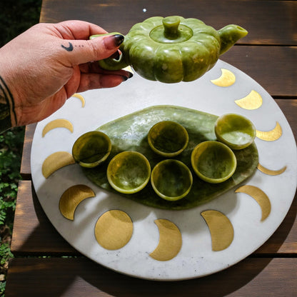 Serpentine Green Jade Crystal Carved Tea Set