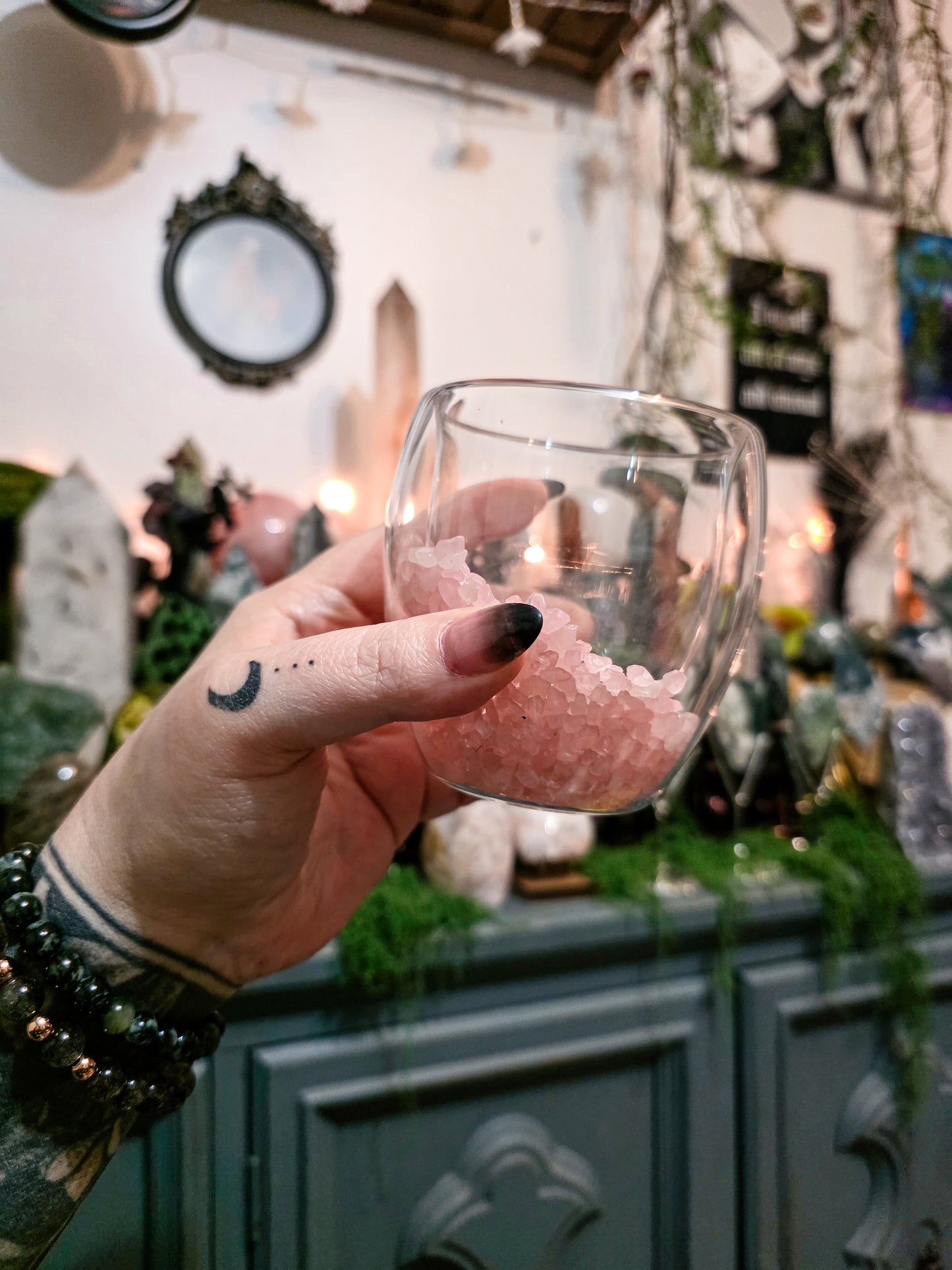 Rose Quartz Crystal Infused Double Walled Glass Tumbler Cup | Pastel Goth Aesthetic Drinkware