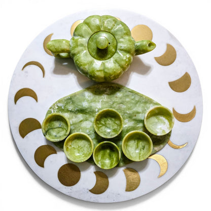 Serpentine Green Jade Crystal Carved Tea Set
