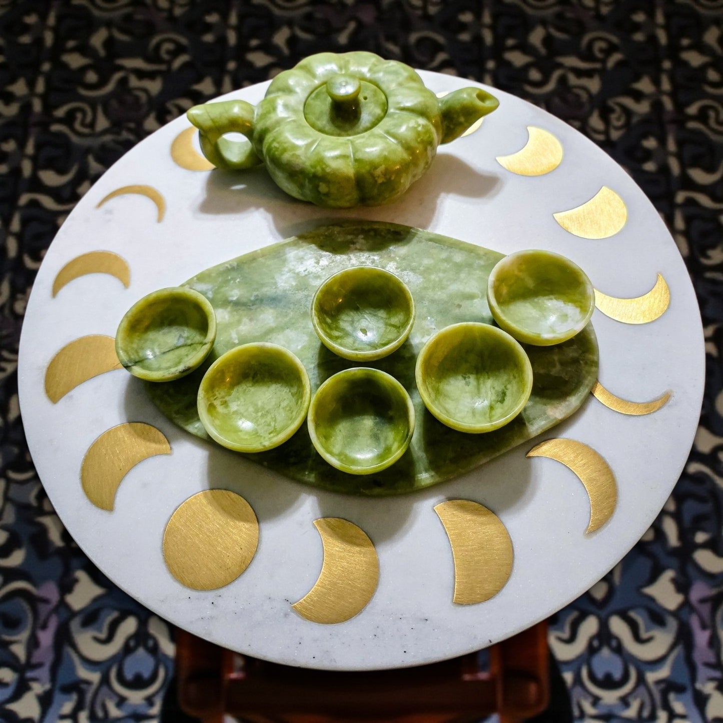 Serpentine Green Jade Crystal Carved Tea Set