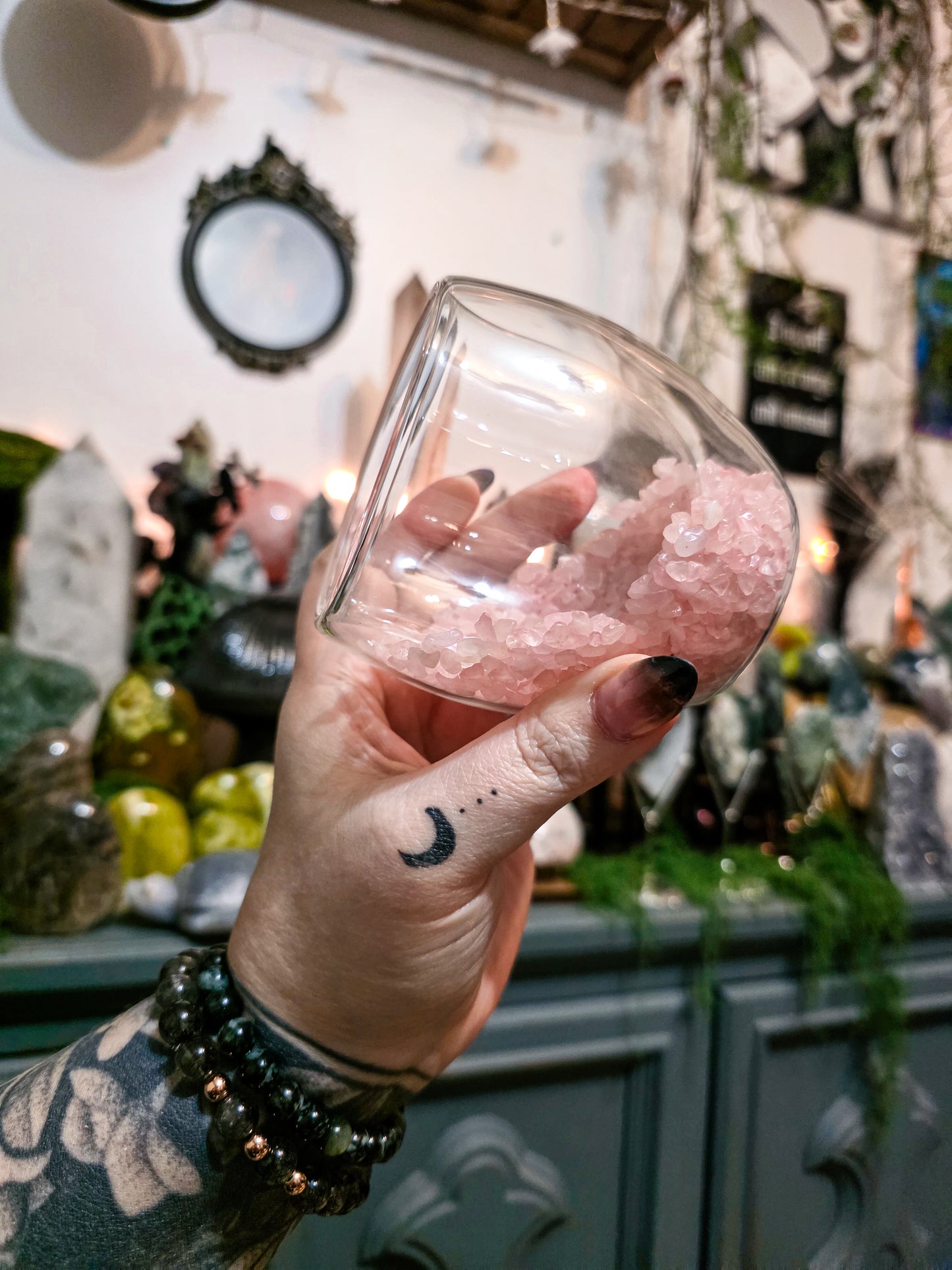 Rose Quartz Crystal Infused Double Walled Glass Tumbler Cup | Pastel Goth Aesthetic Drinkware